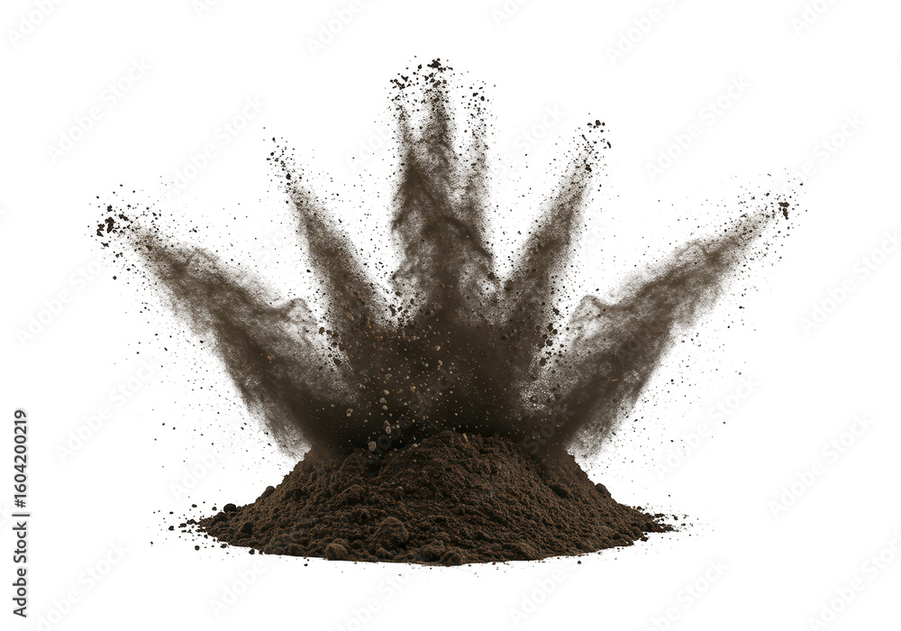 Poster a dynamic explosion of dark brown dirt and soil erupts upwards against an isolated on transparent ba