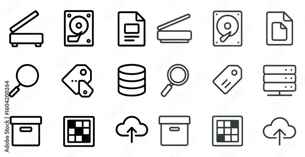 Poster data and security line icons set – outline, flat, database and network symbols