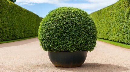 Green Topiary Ball in Garden Path