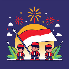 illustration of three Indonesian children proudly holding the national flag with festive fireworks in the background. Perfect for Indonesian Independence Day and patriotic celebrations