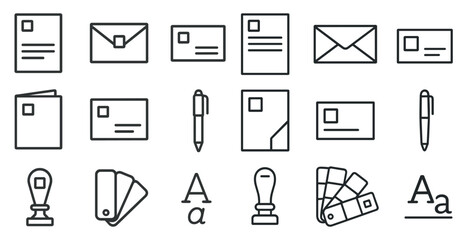 Postal and office outline icons set – linear, mail, stationary graphics