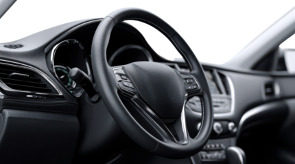 Interior view showcases a modern car dashboard and steering wheel with control buttons and sleek design