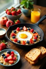 A delightful breakfast skillet featuring a fried egg encircled by a vibrant medley of berries and a light, textured grain base, accompanied by fresh fruit and whole-grain bread