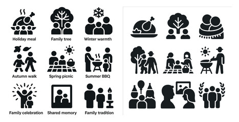Family celebration outline icons set – silhouette, picnic, holiday gathering symbols