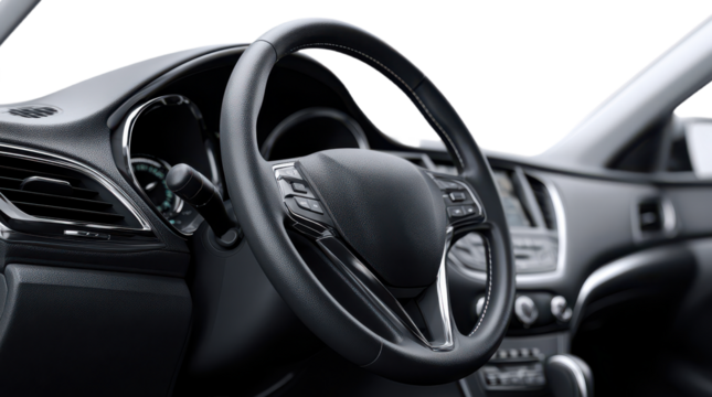 Interior view showcases a modern car dashboard and steering wheel with control buttons and sleek design