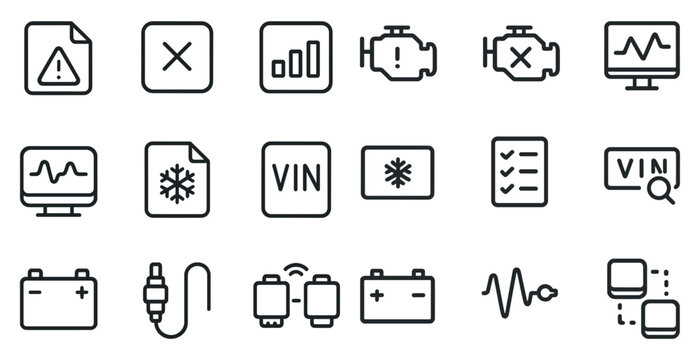 Vehicle diagnostics line icons set &ndash; outline, automotive, car maintenance symbols