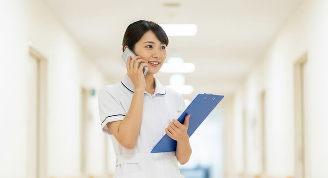PHSで連絡をするアジア人看護師