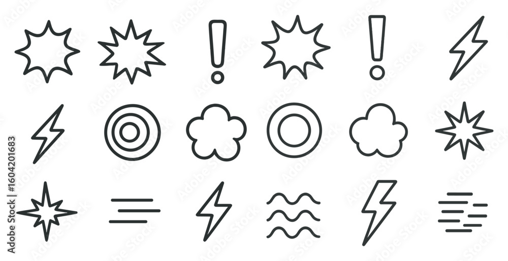 Poster communication and alert icons set – outline, linear, notification and message symbols