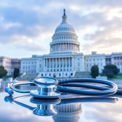 Stethoscope on reflective surface, Capitol Building in background