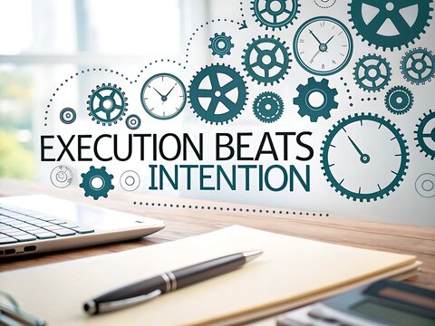 Execution beats intention motivational quote with gears and clocks on a desk with laptop and pen