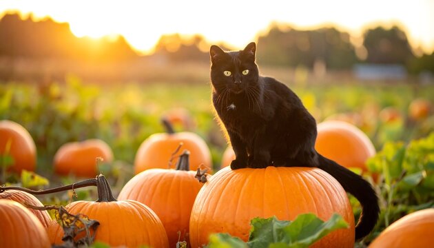 Black cat atop pumpkins at sunset