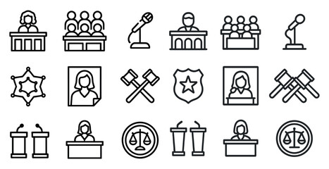 Law and justice line icons set – legal, outline, court and attorney symbols