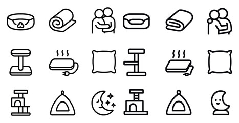 Pet care outline icons set – linear, silhouette, animal and accessory symbols