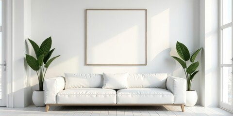 Serene Minimalist Living Room Interior Design with Blank Frame and Lush Greenery