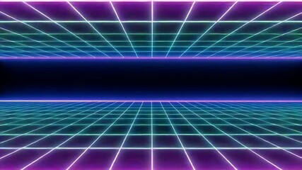 Neon grid glowing in dark retro futuristic landscape, creating perspective and digital world effect. - Powered by Adobe