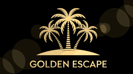Gold 3 Palm Tree Logo with “Golden Escape” Text on Black Background with gold lens flare effect 