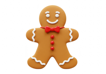 A festive gingerbread man cookie with a red bow tie is isolated on transparent background