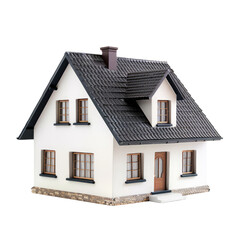 3D model of a small, white, two-story house with a dark gray roof