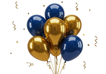 A bunch of gold and blue balloons with confetti are floating isolated on transparent background