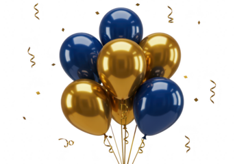 A bunch of gold and blue balloons with confetti are floating isolated on transparent background