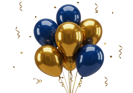 A bunch of gold and blue balloons with confetti are floating isolated on transparent background