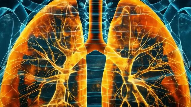Three-dimensional visualization of human lungs with emphasis on bronchi. Suitable for educational programs and medical presentations.
