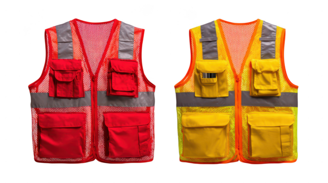 Two safety vests are displayed in red and yellow with reflective stripes and pockets for visibility