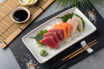 Top-down view of assorted sashimi beautifully arranged on a white ceramic plate