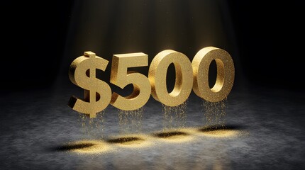 3D golden $500 sign under spotlight with gold dust effect. Clean and modern financial visual for premium marketing or digital promos.