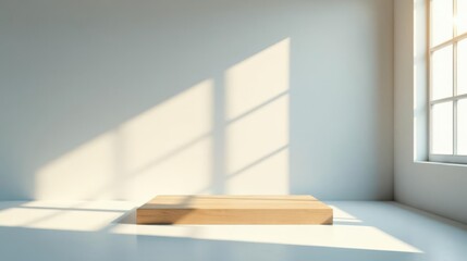 Minimalist Wooden Platform in Sunlit Room with Bright White Walls