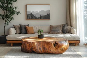 Handmade rustic sofa crafted from a solid wooden tree trunk, placed in a modern living room interior, Generative AI