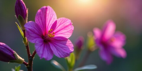 A vibrant pink flower blossoms in the warm glow of the setting sun, its delicate petals illuminated by the soft light, showcasing nature's beauty in a serene moment