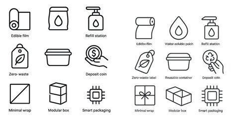 Sustainable packaging line icons set &ndash; outline, eco-friendly, zero-waste symbols