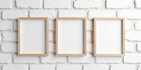 Three Simple Wooden Frames on a White Brick Wall, Ready for Your Creative Designs