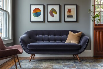 Mid-century home interior design for a modern living room, featuring a dark grey sofa and chair against a grey wall with three art frames, Generative AI