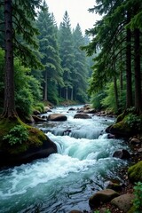 Serene Forest River Scene Cascading Water Flows Through Lush Green Coniferous Trees