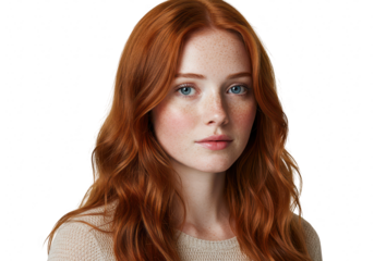 A beautiful redhead woman with freckles is isolated on transparent background, showcasing her natural beauty