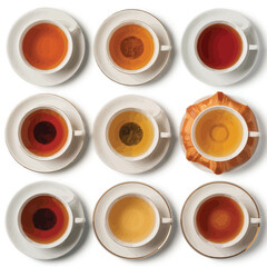 Nine cups of tea viewed from above in a grid pattern
