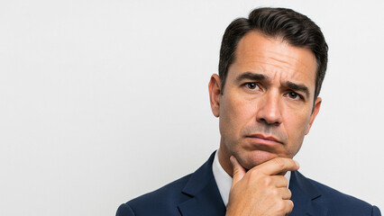 White male with hand on chin thinking, looking at the camera and thinking like he's appealing to something, copy space