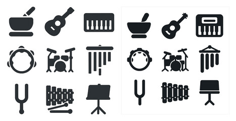 Music instruments solid icons set – filled, percussion, string, and keyboard symbols