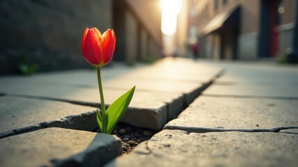 A resilient bloom finds its way through fractured pavement, bathed in the warm glow of the setting sun, a symbol of perseverance and unexpected beauty in urban landscapes.