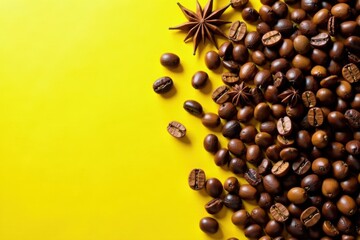 Vibrant Yellow Background Showcases Aromatic Coffee Beans and Star Anise, Creating a Visually Appealing Composition Perfect for Culinary or Beverage-Related Designs