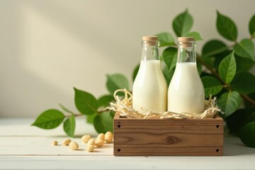 Two glass bottles of milk nestled in a wooden crate, surrounded by lush green leaves and scattered nuts.