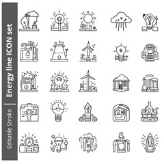 Fototapeta premium Energy line icon set. Power, energy resources, fuel electricity; energy of the sun, water and wind. Outline vector icon in linear style. Series of pictograms