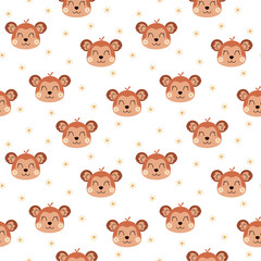 Groovy seamless pattern with cute monkey face and flowers. Retro animal face hand drawn vector background