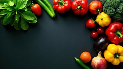 Vibrant assortment of fresh produce arranged artfully on a dark surface, showcasing a variety of colors and textures, creating a visually appealing and healthy food image.