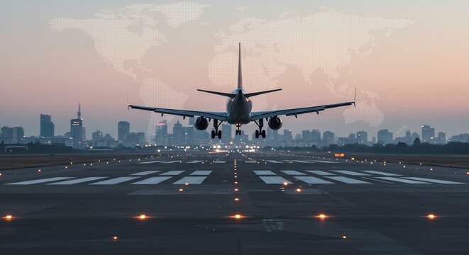 Airplane Landing on Runway at Dusk with City Skyline and World Map Overlay - International Travel and Transportation Concept