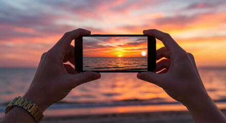 Hands holding a smartphone, capturing a picturesque photo of the vibrant orange sunset over the ocean horizon