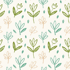 Seamless Hand-Drawn Floral and Leaf Pattern in Crayon Style