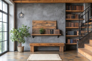 Fototapeta premium Wooden bench and bookshelf set against a grey wall and staircase with black railings, showcasing an industrial style entryway for modern homes, Generative AI